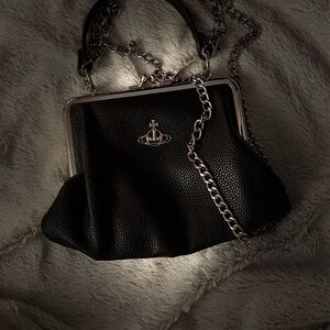Vivienne Westwood Black Leather Shoulder Bag with Silver Chain